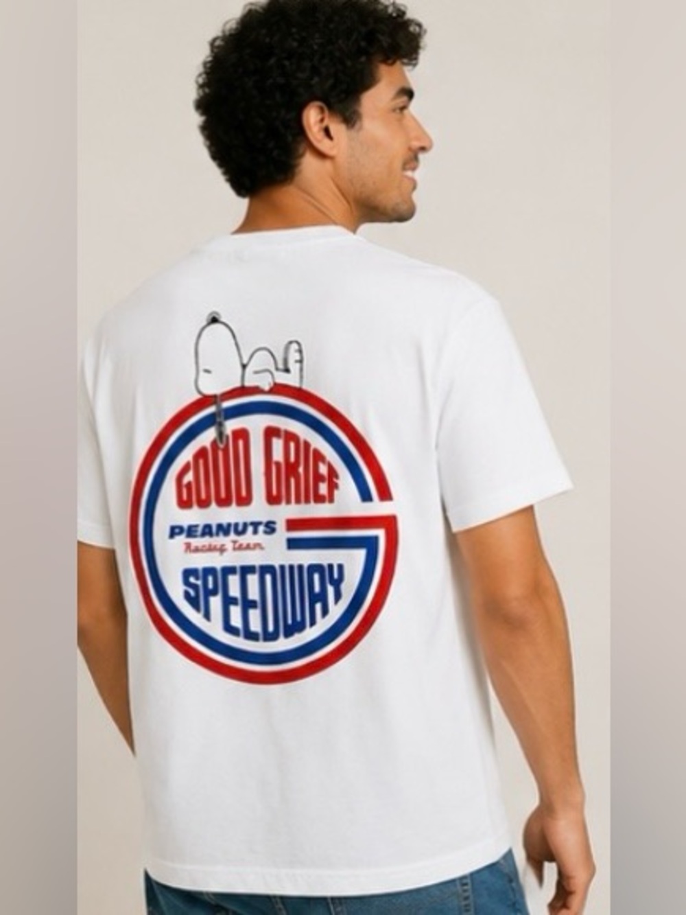 H&M White Peanuts Racing Logo T‑Shirt with Blue and Red Detail